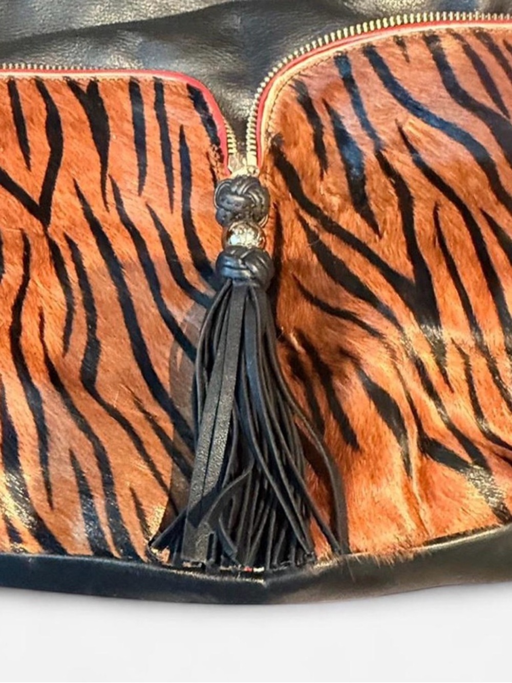 NWOT Black Genuine Leather Bag with Zebra-Print Haircalf with Tassel - Picture 5 of 6